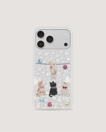 Pearl-Embellished Playful Cats Phone Case - White
