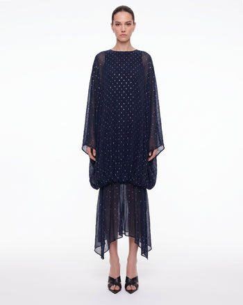 Embellished Sheer Balloon-Hem Maxi Dress - Navy