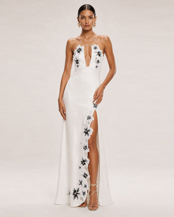 Flower Embroidered Cutout Halter Maxi Dress - White