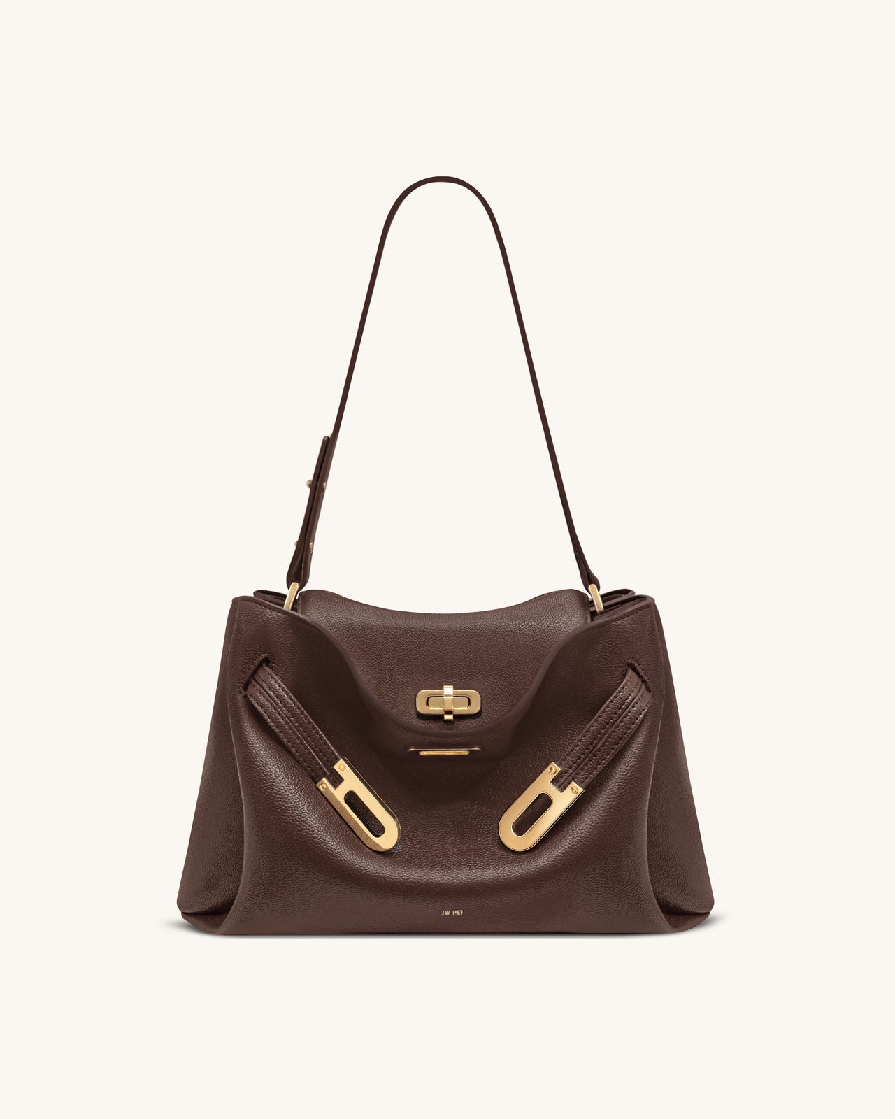 Rhea Pebbled Double Buckle Shoulder Bag - Dark Brown