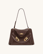 Rhea Pebbled Double Buckle Shoulder Bag - Dark Brown