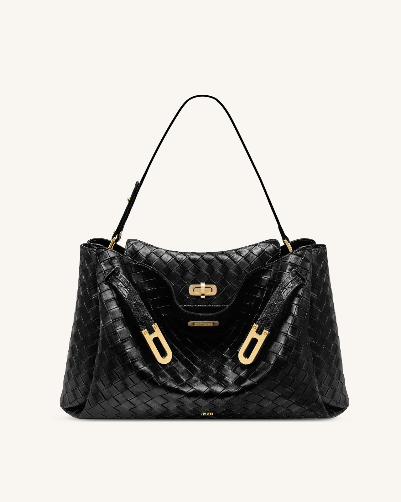 Rhea Large Woven Textured Shoulder Bag - Black
