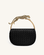 Ione Leopard Shaped Hardware Handle Woven Top Handle Bag - Black