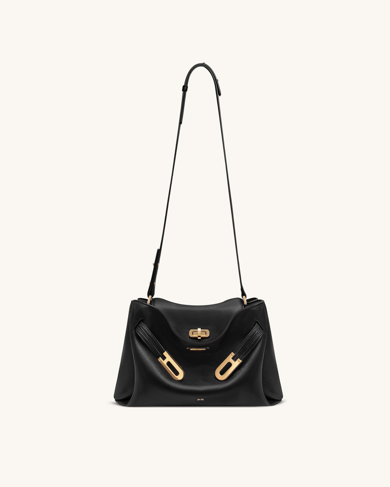 Rhea Pebbled Double Buckle Shoulder Bag - Black