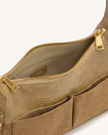 Corinne Lizard-Embossed Faux Suede Shoulder Bag - Khaki