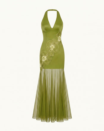 Orchid Embroidered Sheer Hem Halter Maxi Dress - Olive