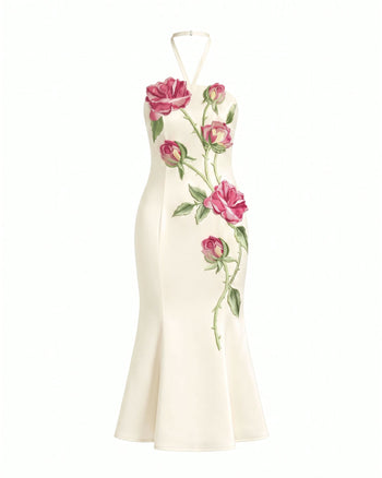 Rose Embroidered Halter-Neck Midi Dress - Off White