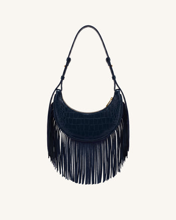 Sharon Fringe Crossbody Bag - Navy Croc