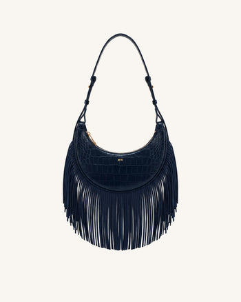 Sharon Fringe Crossbody Bag - Navy Croc