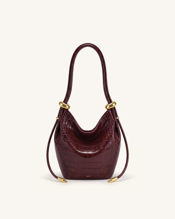 Ellie Metal Ring Embellished Bucket Bag - Burgundy Croc
