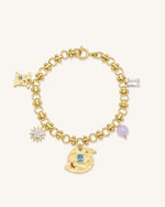 Cosmos Round Multi Charm Bracelet - 18ct Gold Plated & Multicolor Zircon & Purple Beads
